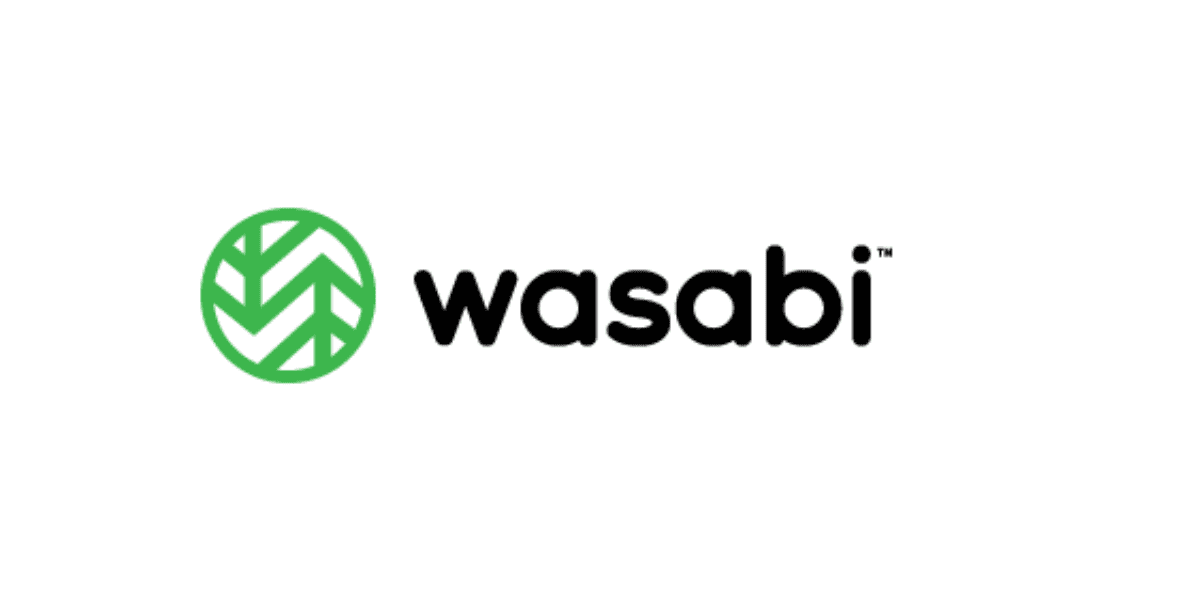 Trustack MSP Cyber Security, IT Services, IT Support. The image showcases the Wasabi Technologies logo, with a green circle featuring a stylized leaf pattern on the left and "wasabi" elegantly spelled in black lowercase letters to the right.