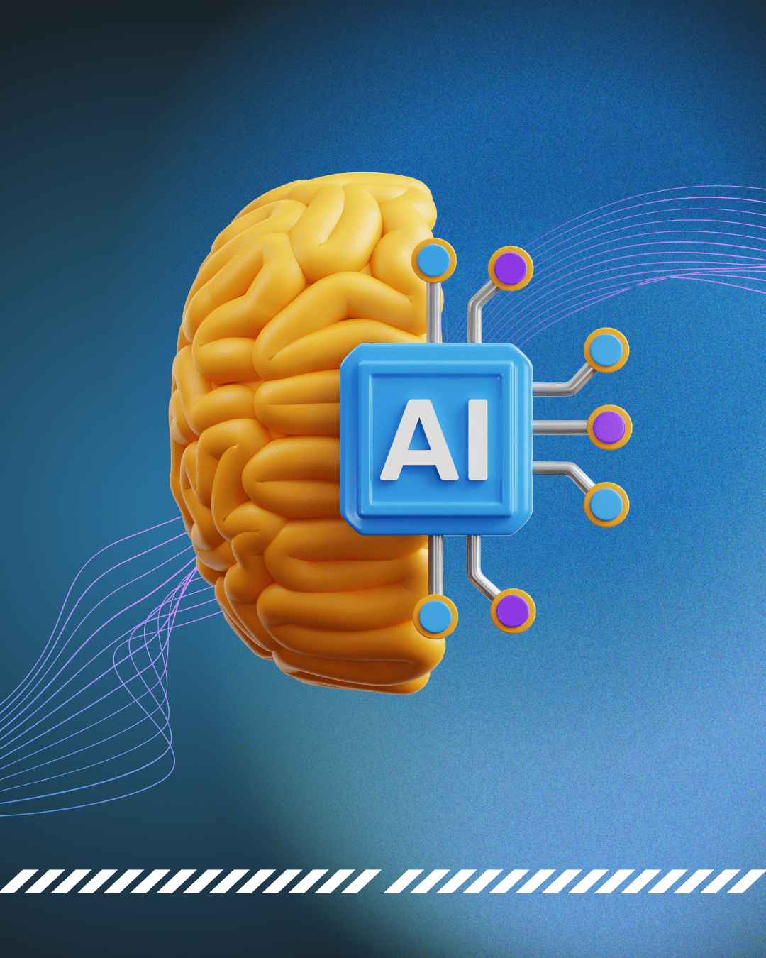 Trustack MSP Cyber Security, IT Services, IT Support. Illustration of a brain with circuit connections leading to a square labeled "AI" on a blue background. Highlighting the importance of regular security audits, the design includes abstract wave patterns and a diagonal line at the bottom, symbolizing vigilance in AI technology.