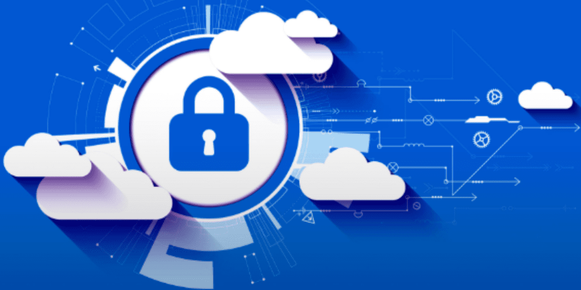 Trustack MSP Cyber Security, IT Services, IT Support. A blue lock icon is centered amid white clouds on a blue background, with technical and geometrical lines weaving through the design. This visually represents how secure web gateways protect your business, suggesting a robust concept of cloud security or data protection. Secure web gateway