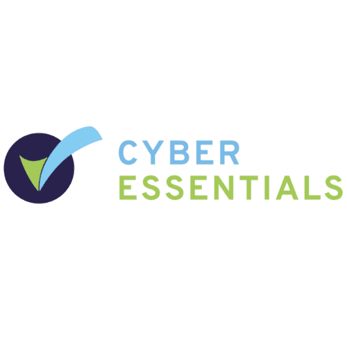 Trustack MSP Cyber Security, IT Services, IT Support. The image showcases the Cyber Essentials logo, featuring a stylized blue checkmark over a dark circle with a green triangle inside. The words "CYBER ESSENTIALS" are prominently displayed next to it in bold blue and green uppercase letters.