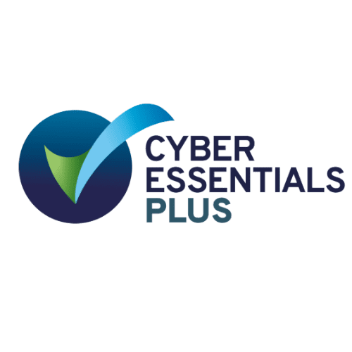 Trustack MSP Cyber Security, IT Services, IT Support. The logo features a blue and green checkmark inside a dark circle, accompanied by the bold text "CYBER ESSENTIALS PLUS," emphasizing the commitment to Cyber Essentials standards.