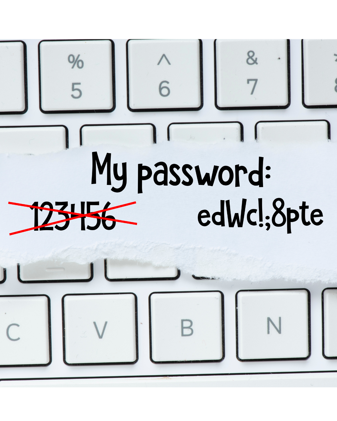 Trustack MSP Cyber Security, IT Services, IT Support. A keyboard looms in the background while a torn paper in the foreground reveals crossed-out text "123456" and the words "My password: edWc!;8pte." This scene subtly echoes the hidden risks of e-waste—time to take action before our digital secrets become another casualty.