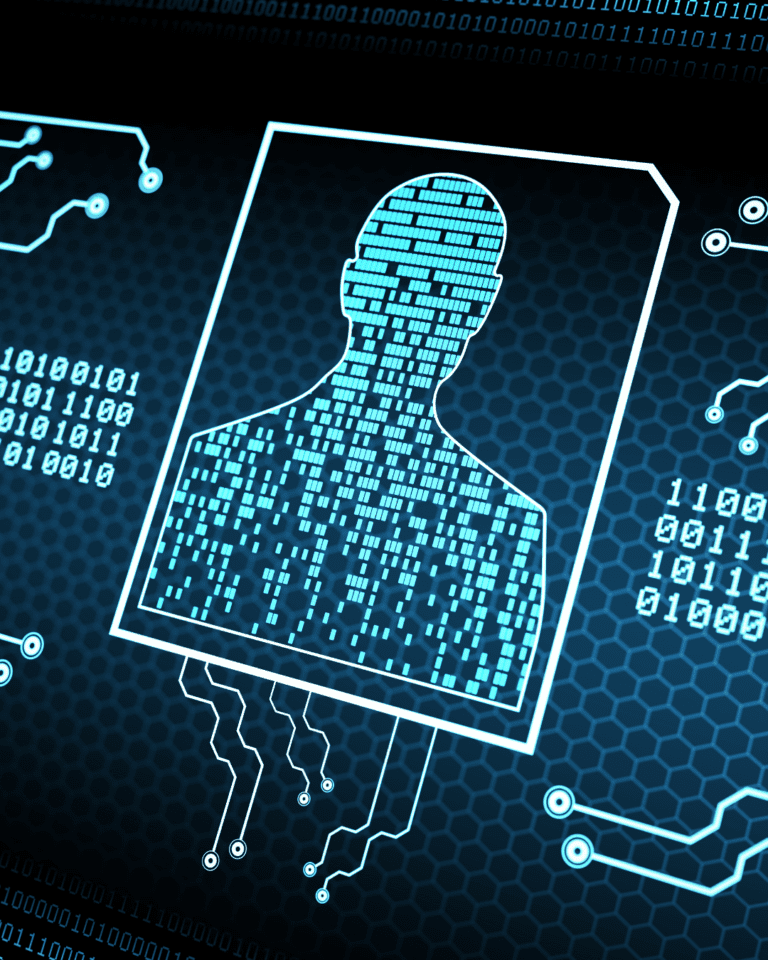 Trustack MSP Cyber Security, IT Services, IT Support. A digital illustration of a silhouetted human figure composed of binary code embodies the essence of Continuous Threat Exposure Management. Enclosed in a rectangular outline with circuit-like lines, the background's grid and binary numbers symbolize technology and data vigilance.