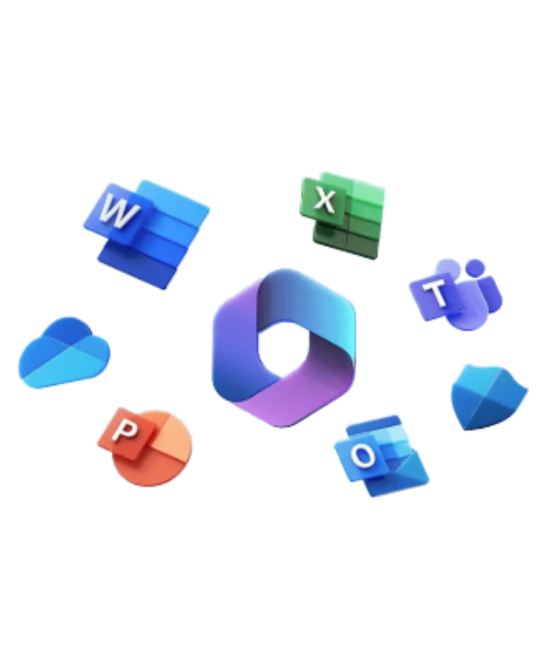 Trustack MSP Cyber Security, IT Services, IT Support. Microsoft Office 3D icons on a white background, including Word, Excel, PowerPoint, Outlook, and Teams, arranged around the main Microsoft Office logo—highlighting the importance of DLP in business security.