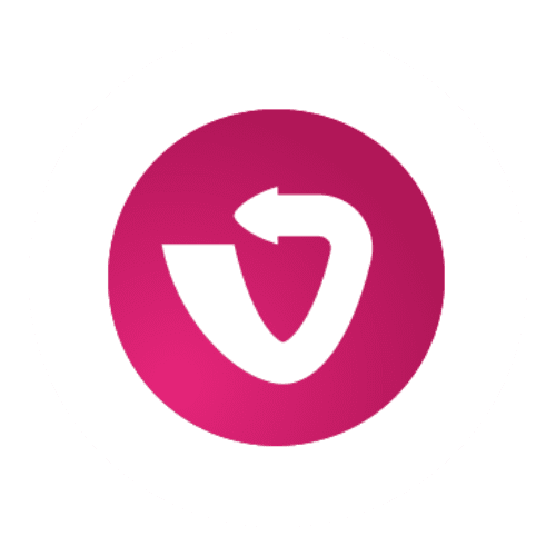 Trustack MSP Cyber Security, IT Services, IT Support. A white stylized "V" with an arrow pointing left on the top right, centered inside a pink circular background with a white outer border—an icon for Trustack's Upcoming Events to not miss.
