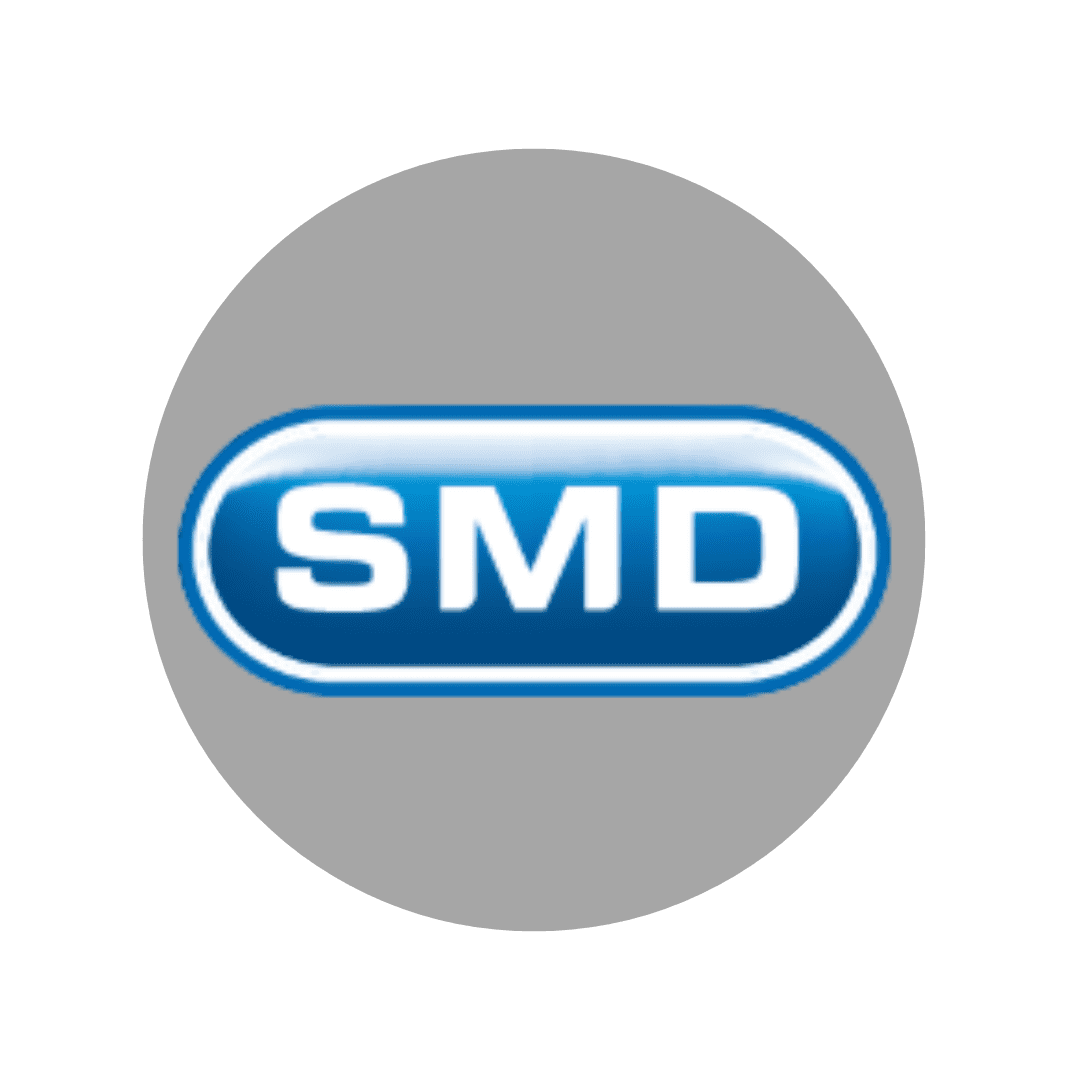 Trustack MSP Cyber Security, IT Services, IT Support. A blue oval with a white outline contains the bold white letters "SMD" on a blue gradient background, centered on a gray circular background, representing Copilot Readiness Assessment.