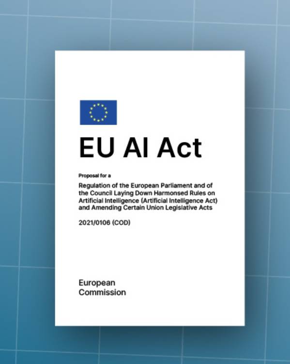 Trustack MSP Cyber Security, IT Services, IT Support. A booklet titled "EU AI Act" displays the European Union flag, followed by the document’s full title and reference number, issued by the European Commission, on a blue grid-patterned background, highlighting topics such as supply chain risk.