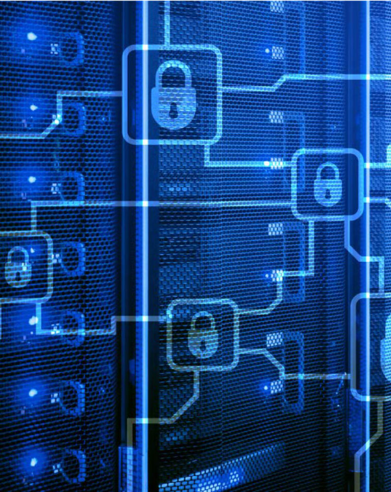 Trustack MSP Cyber Security, IT Services, IT Support. A close-up of a server rack with blue lighting and digital padlock icons connected by circuit lines, representing the impact of cybersecurity strategy change or data protection in VMware environments.