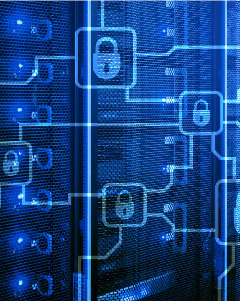 Trustack MSP Cyber Security, IT Services, IT Support. A close-up of a server rack with blue lighting and digital padlock icons connected by circuit lines, representing the impact of cybersecurity strategy change or data protection in VMware environments.