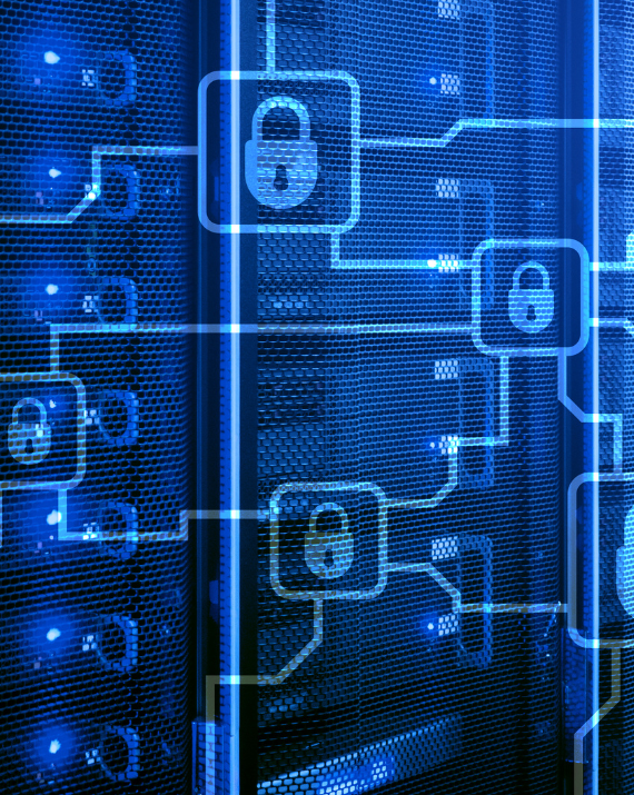 Trustack MSP Cyber Security, IT Services, IT Support. A digital illustration of interconnected padlock icons overlaid on a blue-lit server rack background, highlighting cybersecurity, data protection, and supply chain risk in the context of The EU AI Act: What It Means for Businesses and Cybersecurity.