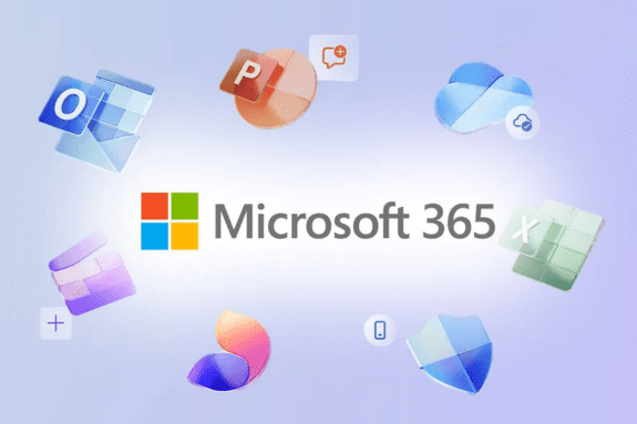 Trustack MSP Cyber Security, IT Services, IT Support. Microsoft 365 logo in the centre, surrounded by icons for various Microsoft apps, including Outlook, PowerPoint, Teams, Excel, and others, on a light purple background.