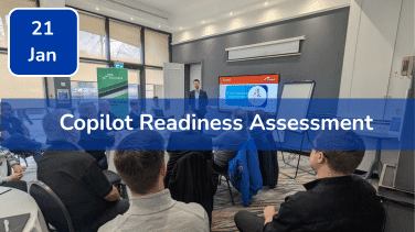 Trustack MSP Cyber Security, IT Services, IT Support. A group of people sit facing a presenter in a modern conference room with a screen displaying "Copilot Readiness Assessment." A date box shows "21 Jan" in the upper left, highlighting one of Trustack's Upcoming Events not to miss.