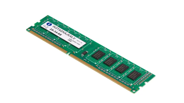 Trustack MSP Cyber Security, IT Services, IT Support. A green computer RAM module with black memory chips, a white label displaying technical information, and gold connector pins—essential hardware where supply chain risk highlights the need for trusted sourcing in business security.