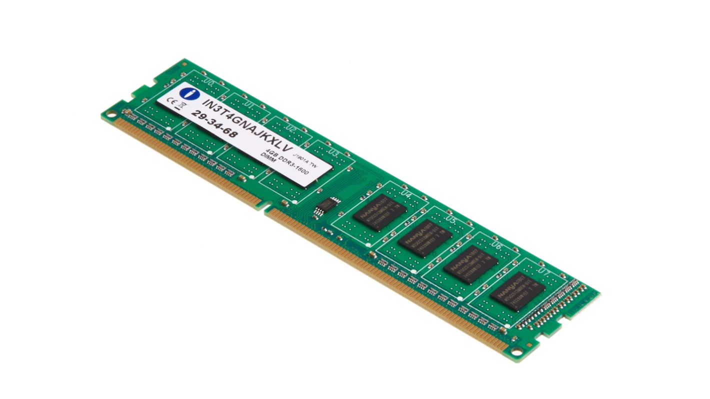 Trustack MSP Cyber Security, IT Services, IT Support. A green computer RAM module with black memory chips, a white label displaying technical information, and gold connector pins—essential hardware where supply chain risk highlights the need for trusted sourcing in business security.