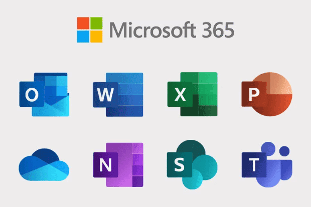 Trustack MSP Cyber Security, IT Services, IT Support. Microsoft 365 logo above icons for Outlook, Word, Excel, PowerPoint, OneDrive, OneNote, SharePoint, and Teams—tools essential for seamless domain migration—arranged in two rows against a light background.