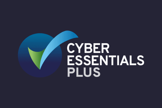Trustack MSP Cyber Security, IT Services, IT Support. The image shows the Cyber Essentials Plus (CE Plus) logo with a large blue and green tick inside a blue circle, next to the words "CYBER ESSENTIALS PLUS" on a dark background.
