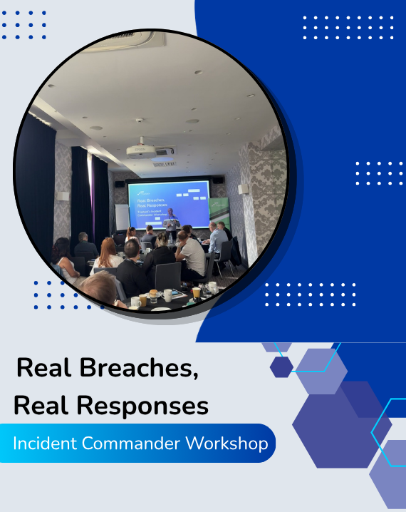 Trustack MSP Cyber Security, IT Services, IT Support. A group of people attending an Incident Commander Workshop titled “Real Breaches, Real Responses” in a conference room.
